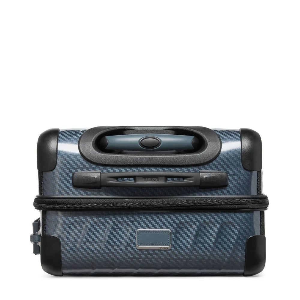 Blue suitcase with black handle and accents on a white background