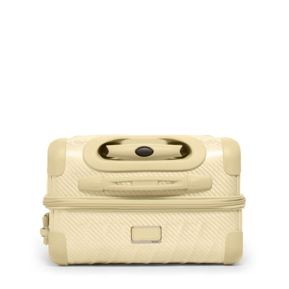 Beige makeup case with a handle on a white background