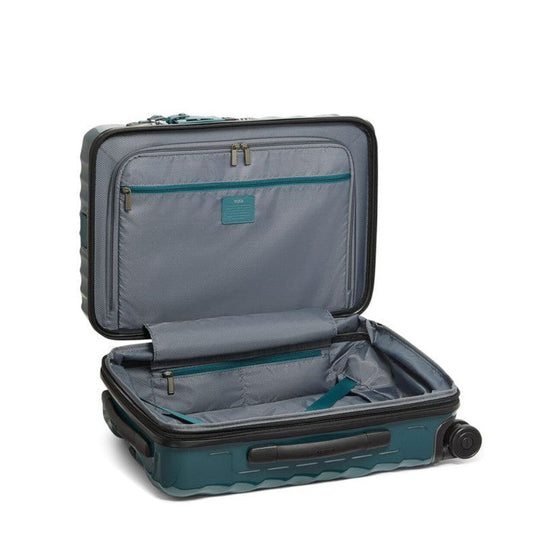 Open teal suitcase with gray interior on a white background