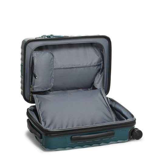 Open teal suitcase with gray interior on a white background