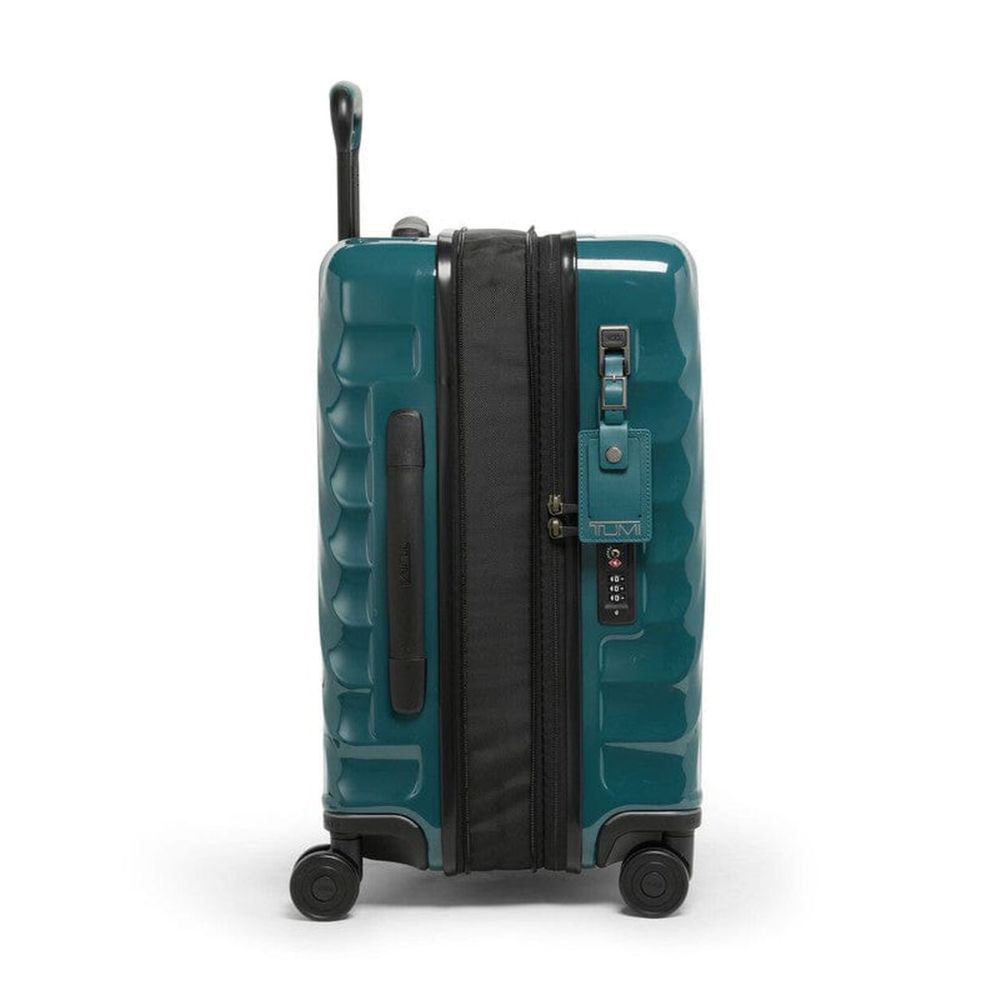 Teal suitcase with black accents on a white background