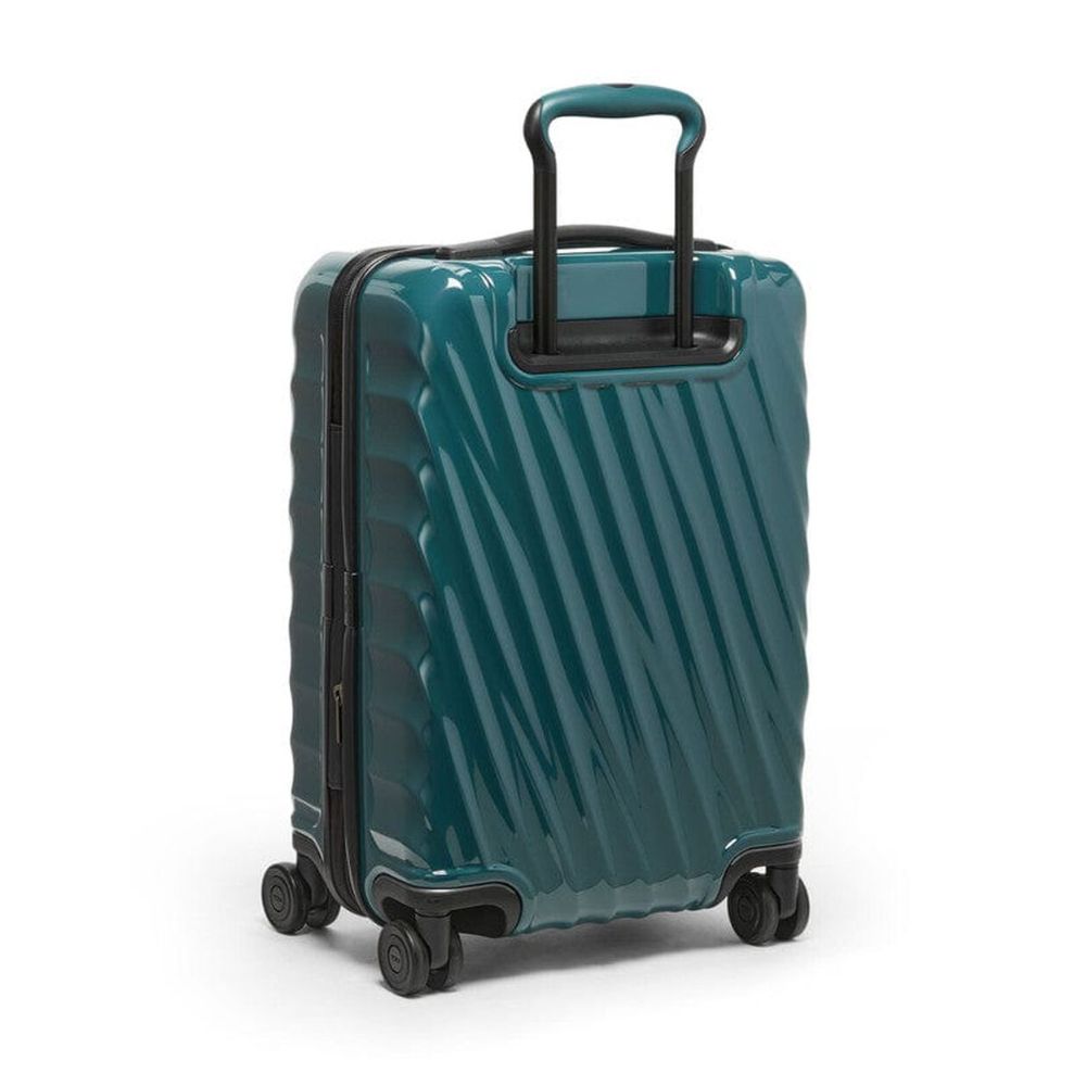 Teal suitcase with black handle and wheels on a white background