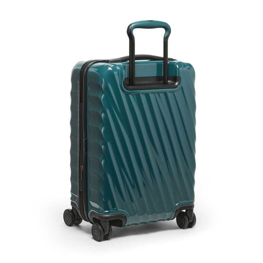 Teal suitcase with black handle and wheels on a white background