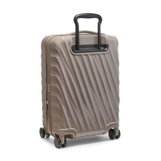 Beige suitcase with a black handle on a white background