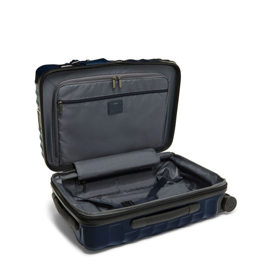 Open suitcase with interior visible on a white background