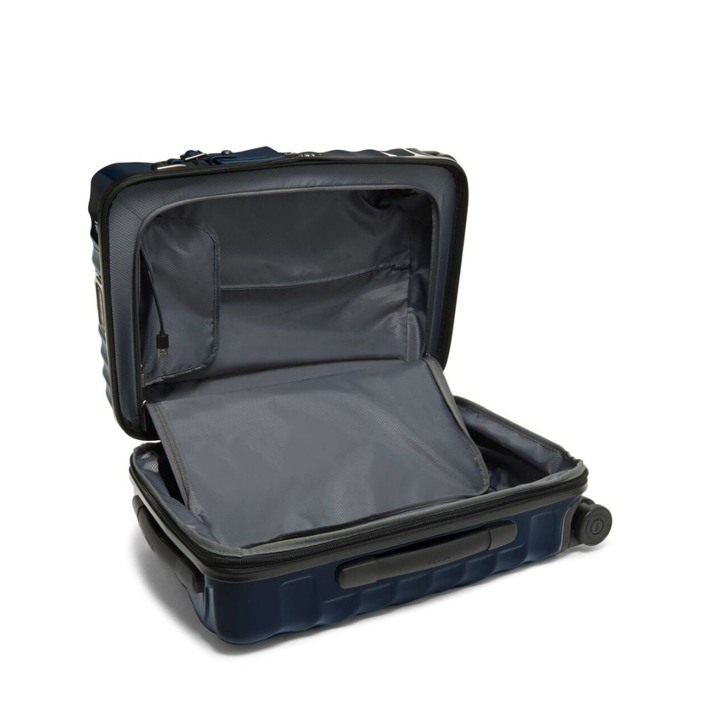 Open navy blue suitcase on a white background
