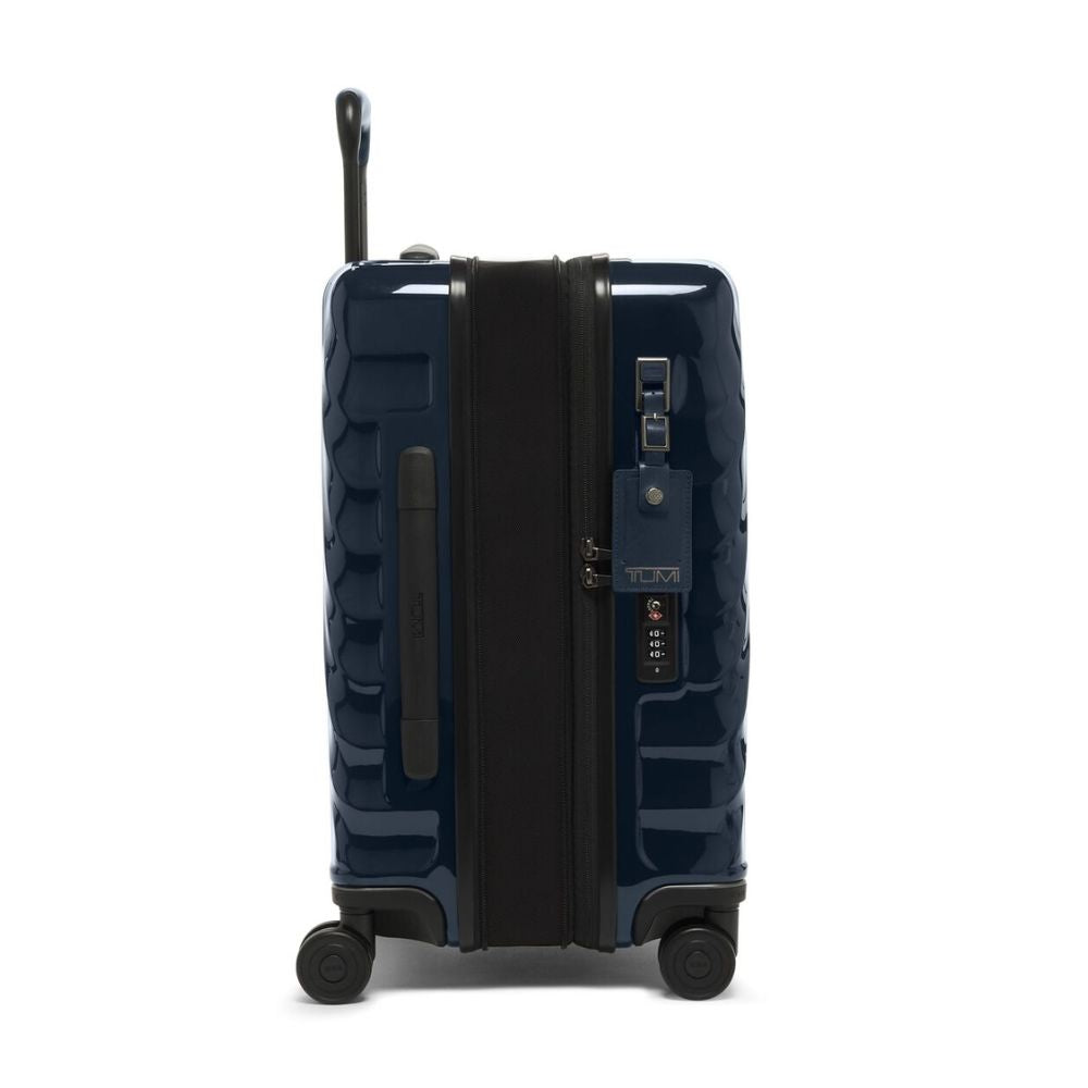 Blue suitcase with black accents on a white background