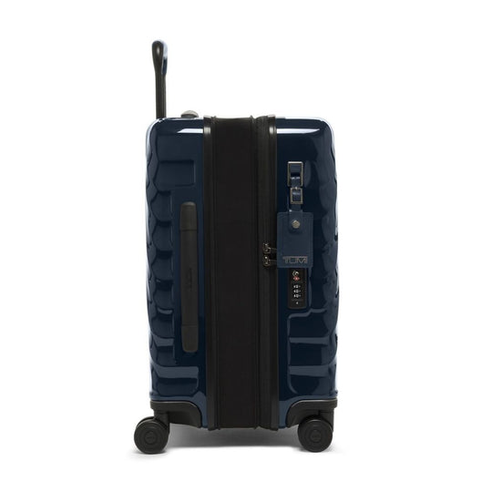 Blue suitcase with black accents on a white background