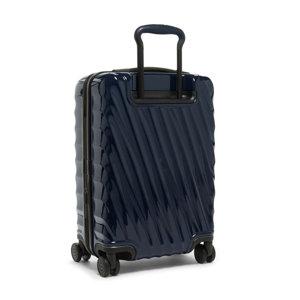 Navy suitcase with black handle on a white background