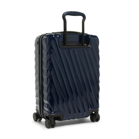 Navy suitcase with black handle on a white background