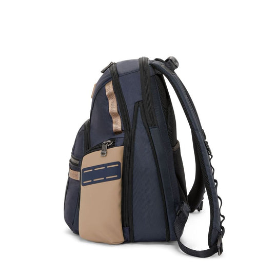 Backpack with navy and beige design on a white background