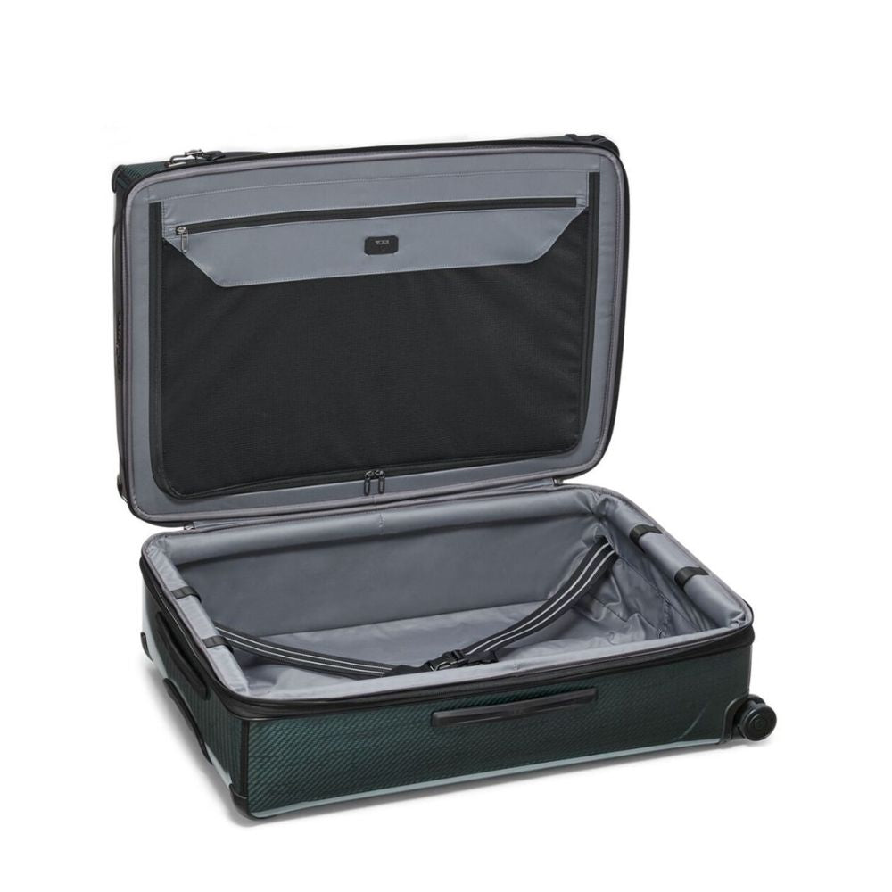 Open suitcase with interior view on a white background
