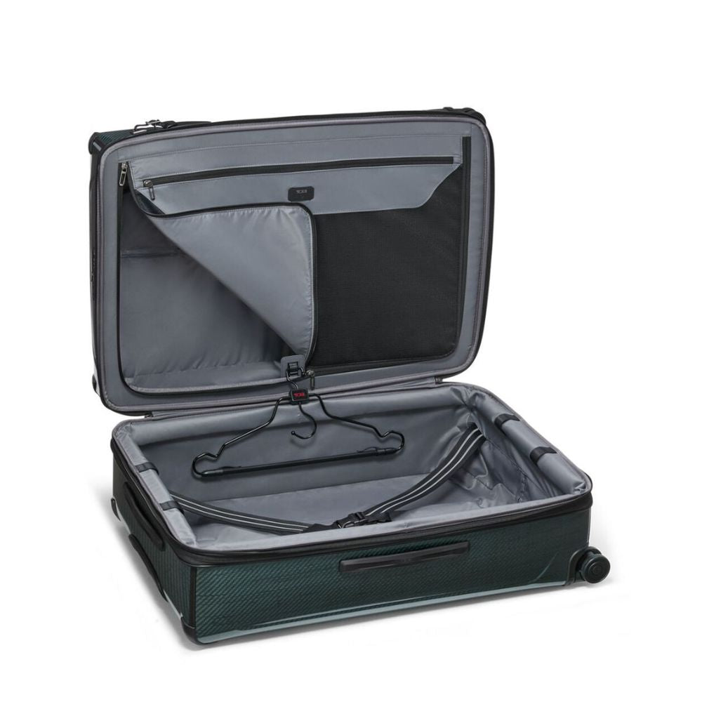 Open suitcase with interior organization panels on a white background