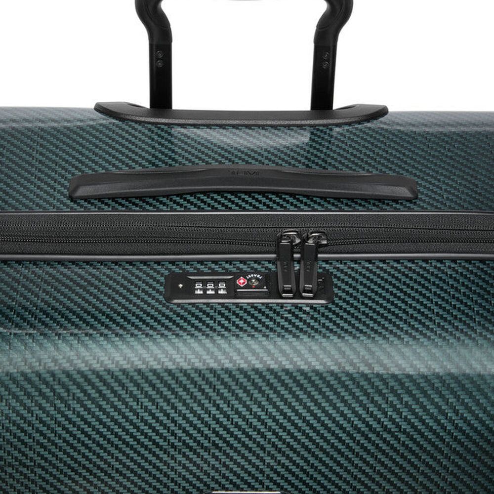 Close up of handle and combination lock on Emerald Variant of TUMI Tegra-Lite Extended Packing Case With USB-C And Spinner Wheels: Model Number 144794-1060 