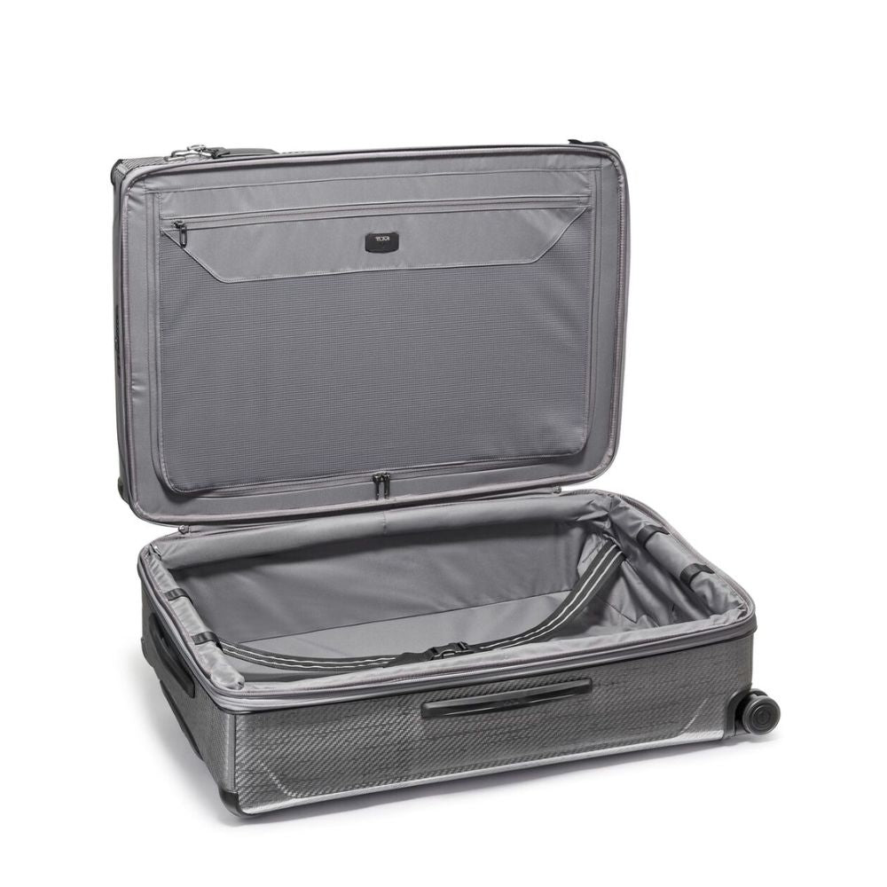 Open gray suitcase on a white background
