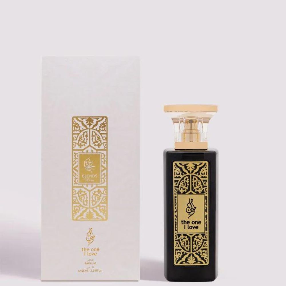 A 65mL parfum bottle of The One I Love Parfum by Khaltat along with its box