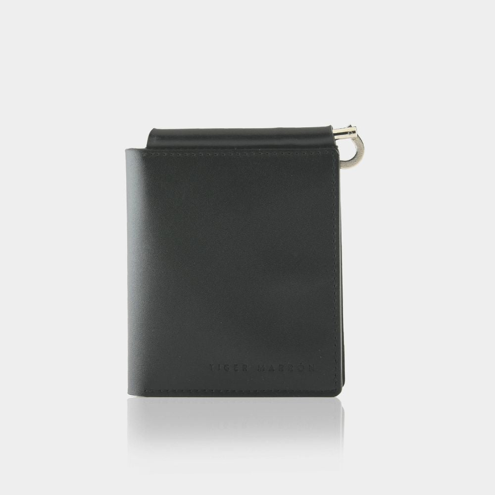 Black leather wallet with a gold clasp on a white background