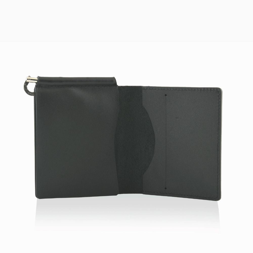 Black leather wallet open on a white background