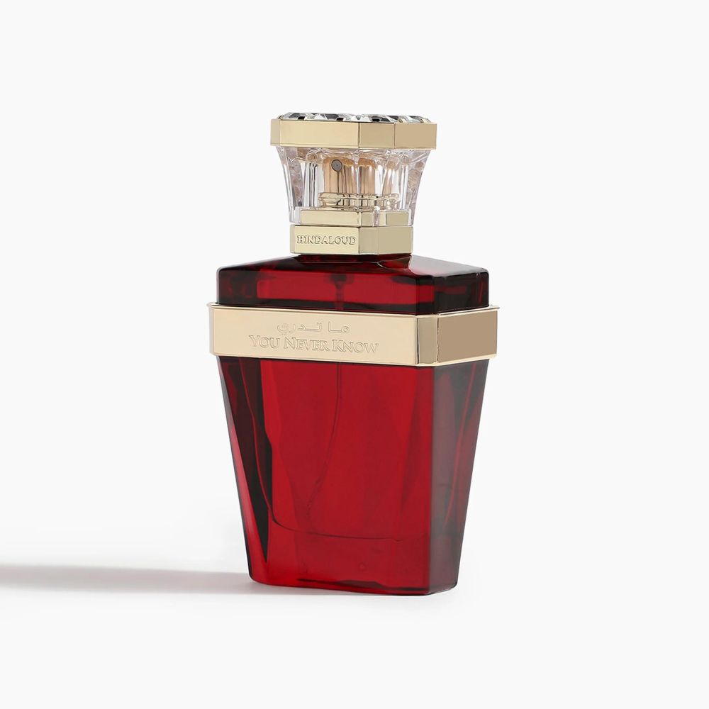 A side angle view of A 50mL Parfum bottle of You Never Know Parfum by Hind Al Oud