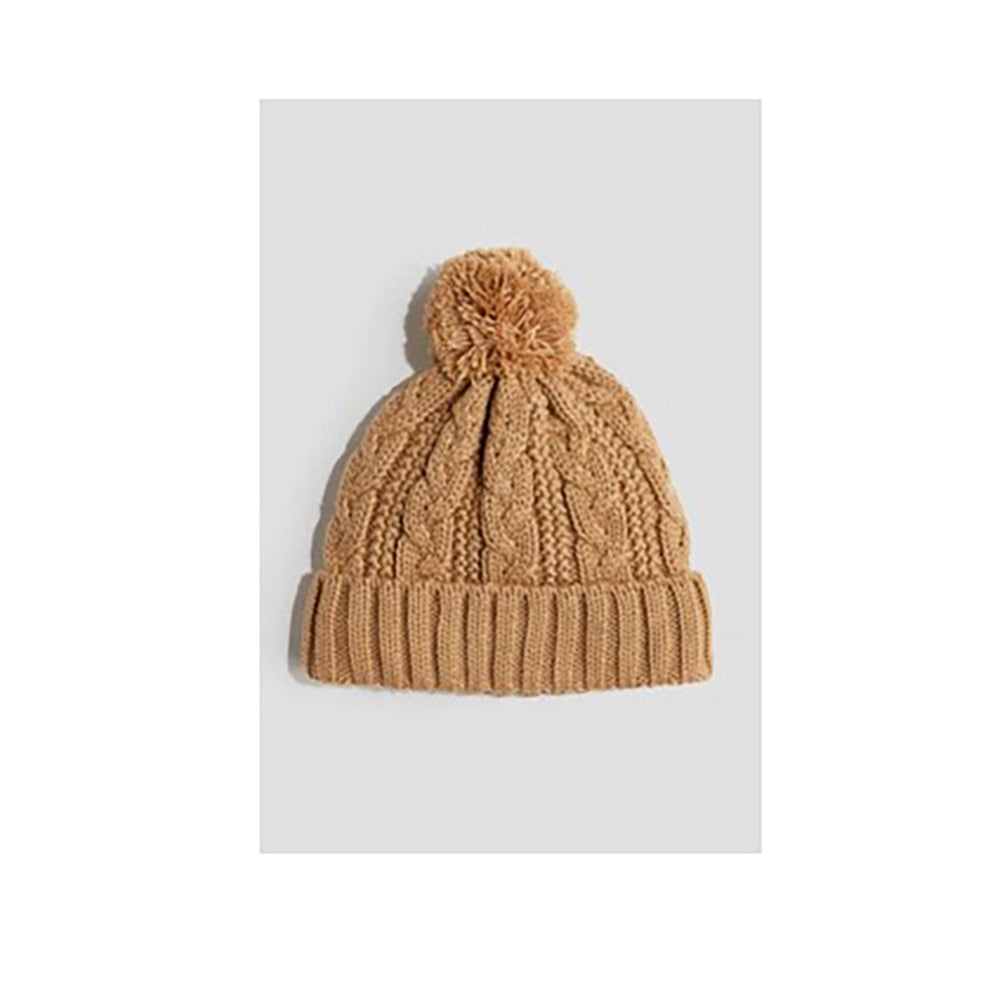 Beige Cable-knit Beanie with Pom-pom on Top