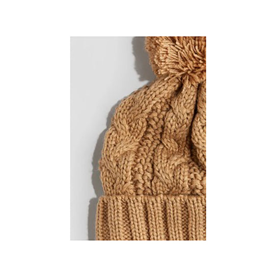 Beige Cable-knit Beanie with Turn-up hem