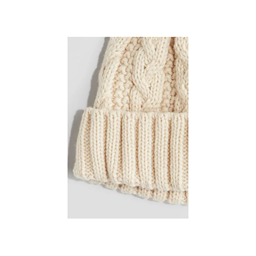 Light Beige Cable-knit Beanie with Turn-up Hem