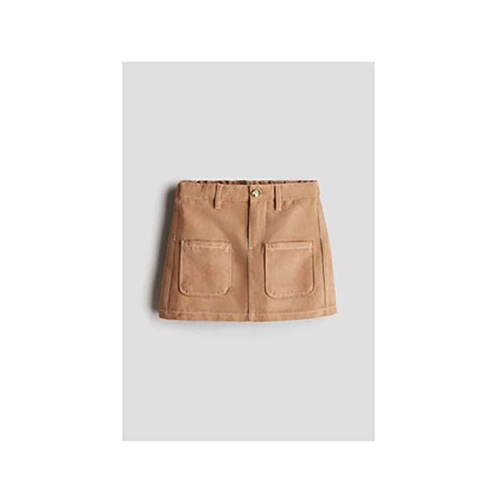 Beige Patch-pocket Skirt withZip fly and Shiny Metal Button