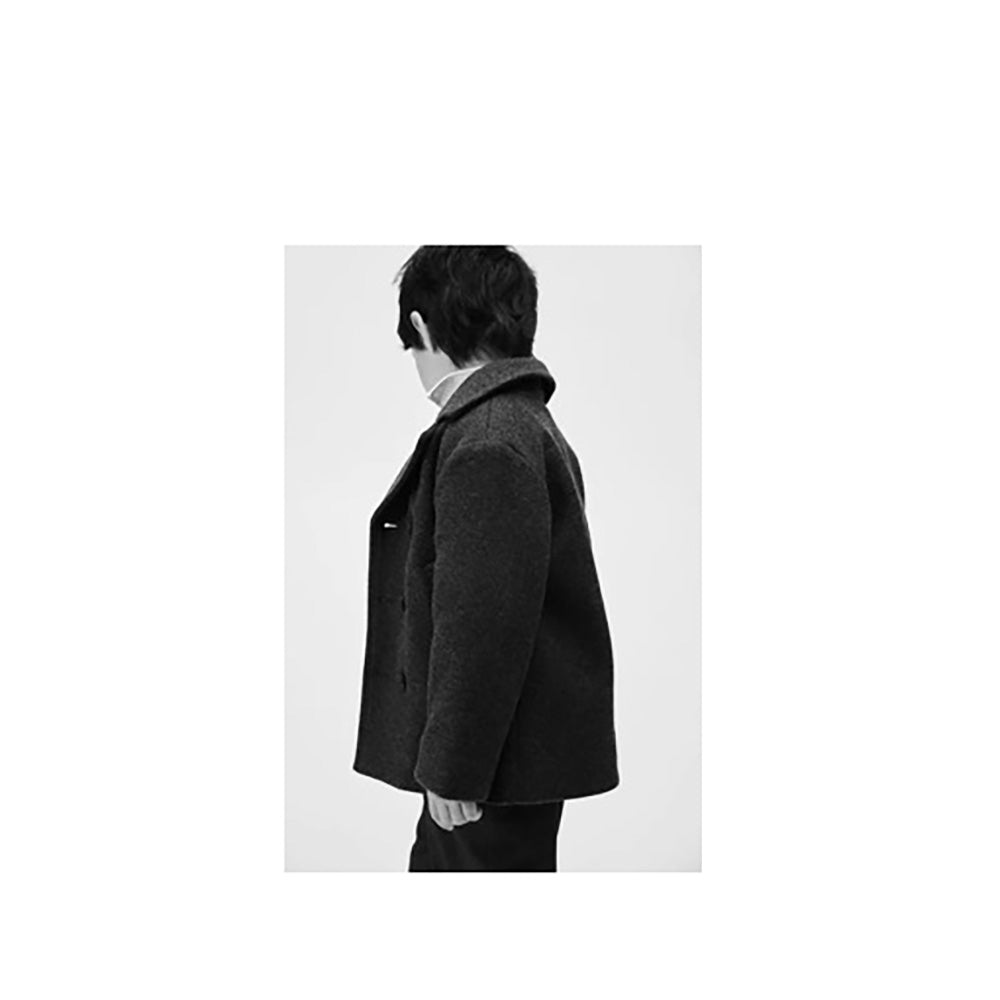 Boy Turning Back in Dark Grey Pea Coat