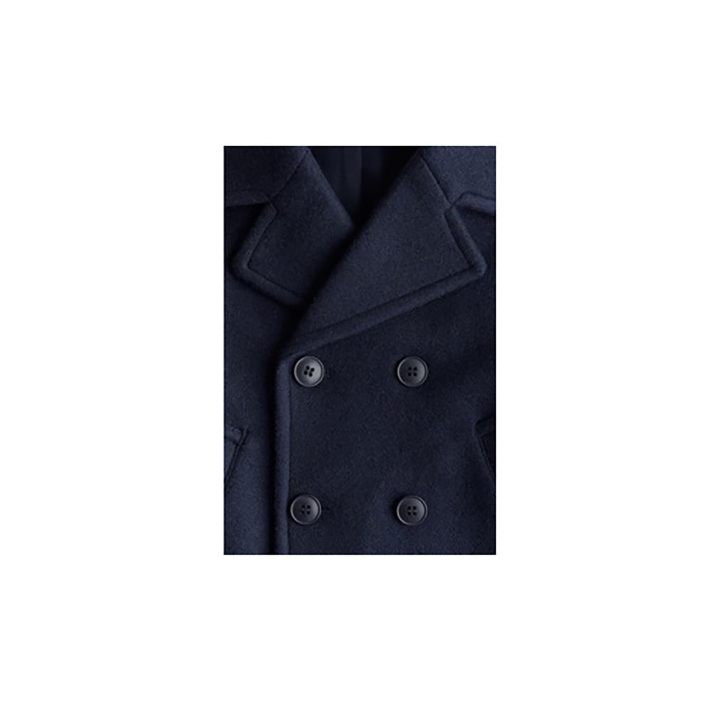 Double-breasted Navy Blue Pea Coat with Notch Lapels