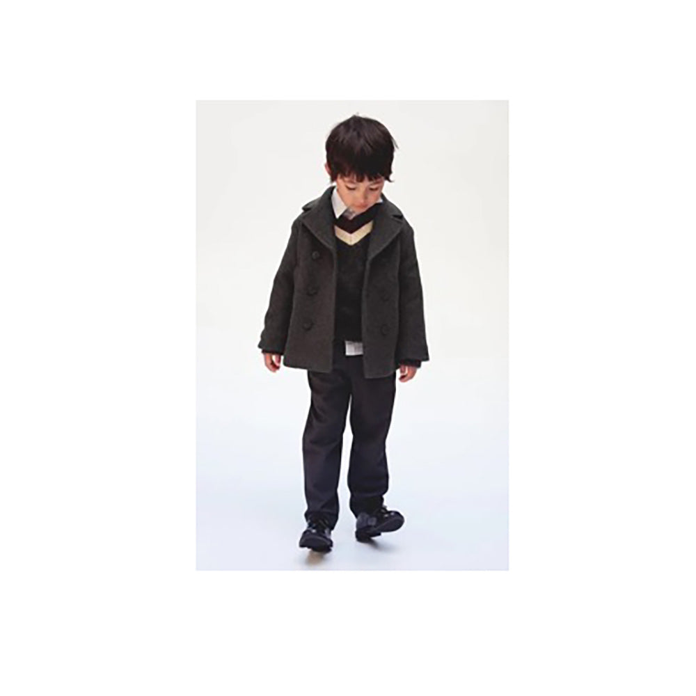 Boy in Dark Grey Pea Coat with Notch Lapels and Welt Front Pockets