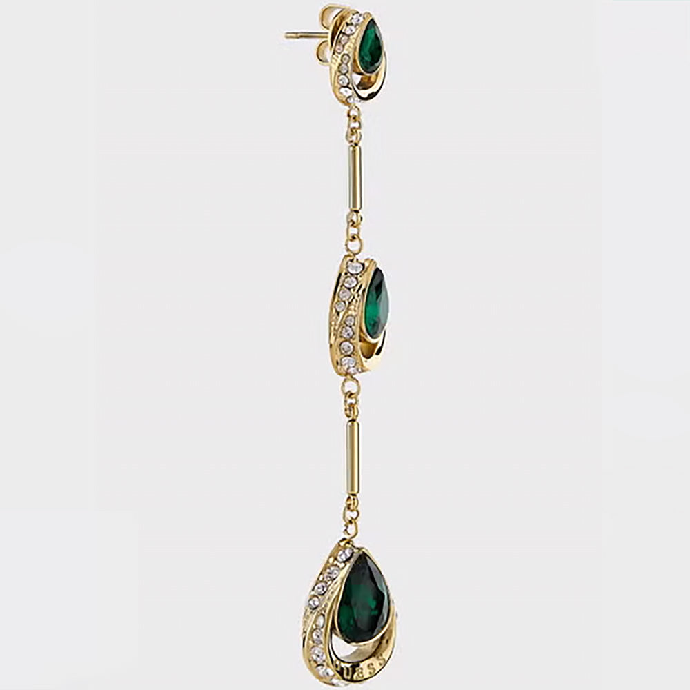 Side View of Crystal Drop Earrings with Green Faux Stones