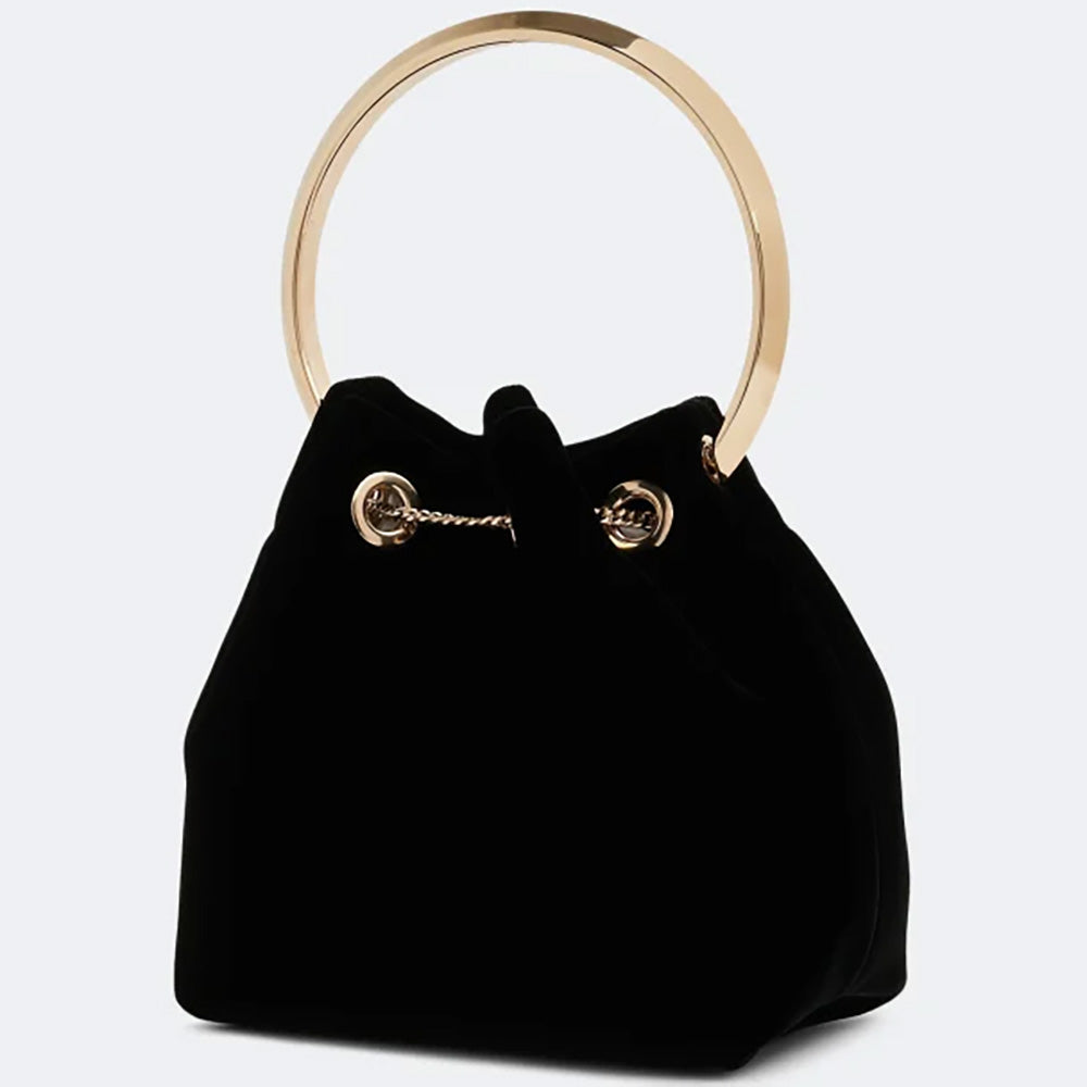 Back View of Black Bon Bon Bucket Bag with Metal Bracelet Top Handle 