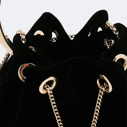 Black Velvet Bucket Bag with Drawstring Closure and Chain Strap