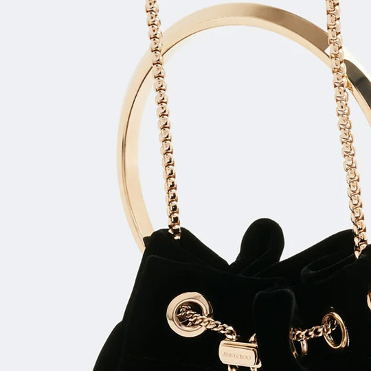 Black Velvet Bucket Bag with Metal Top Handle and Cross-Body Strap