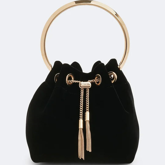 Black, Velvet Bucket Bag with Drawstring Chain and Metal Bracelet Top Handle