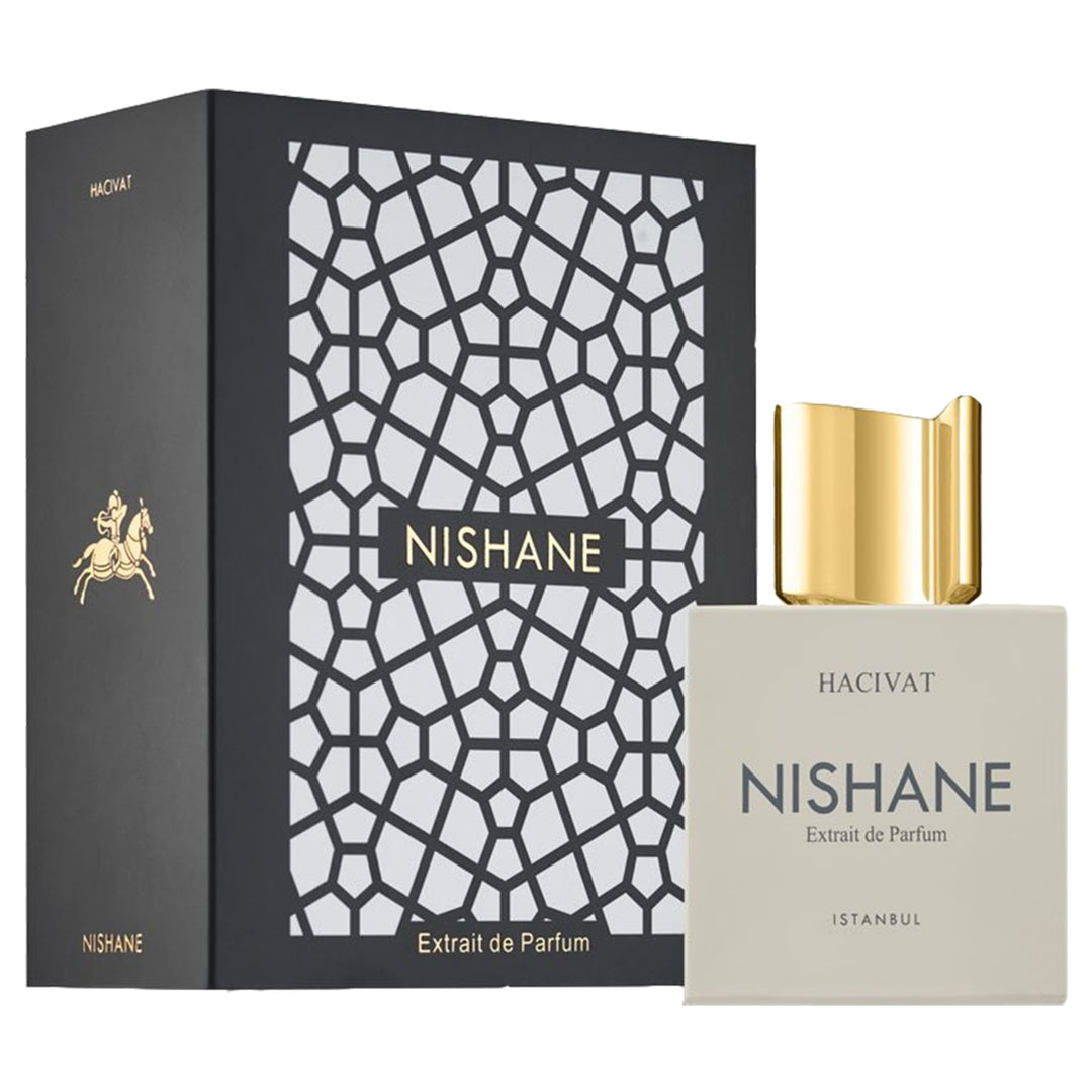 An Extrait de Parfum 50mL bottle of Nishane Hacivat fragrance along with its pack