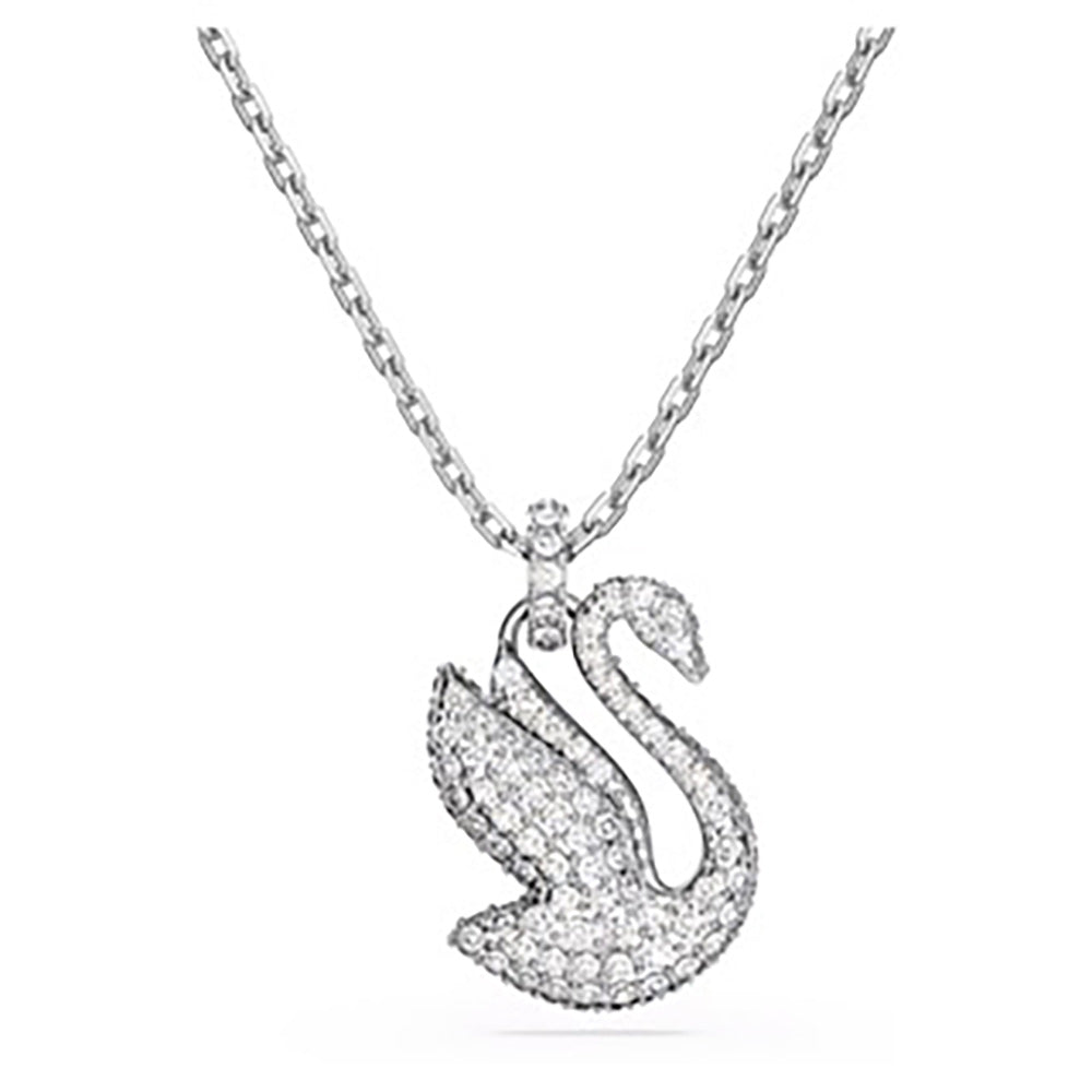 Rhodium Plated White Crystal Paved Swan Pendant