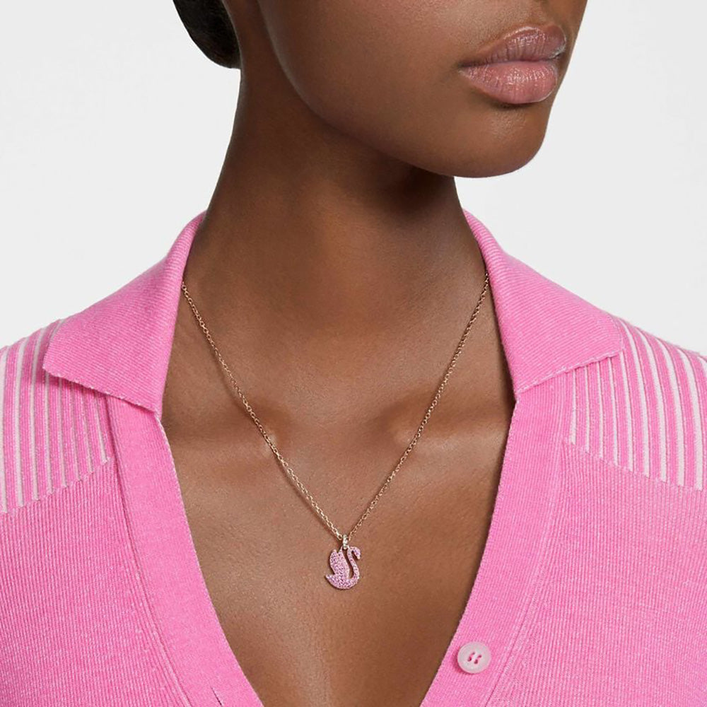 Model Wearing Pink Crystal Paved Swan Pendant