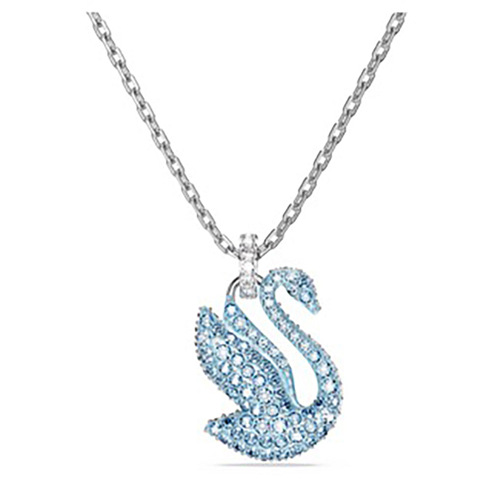 Swarovski Rhodium Plated Blue Crystal Paved Swan Pendant