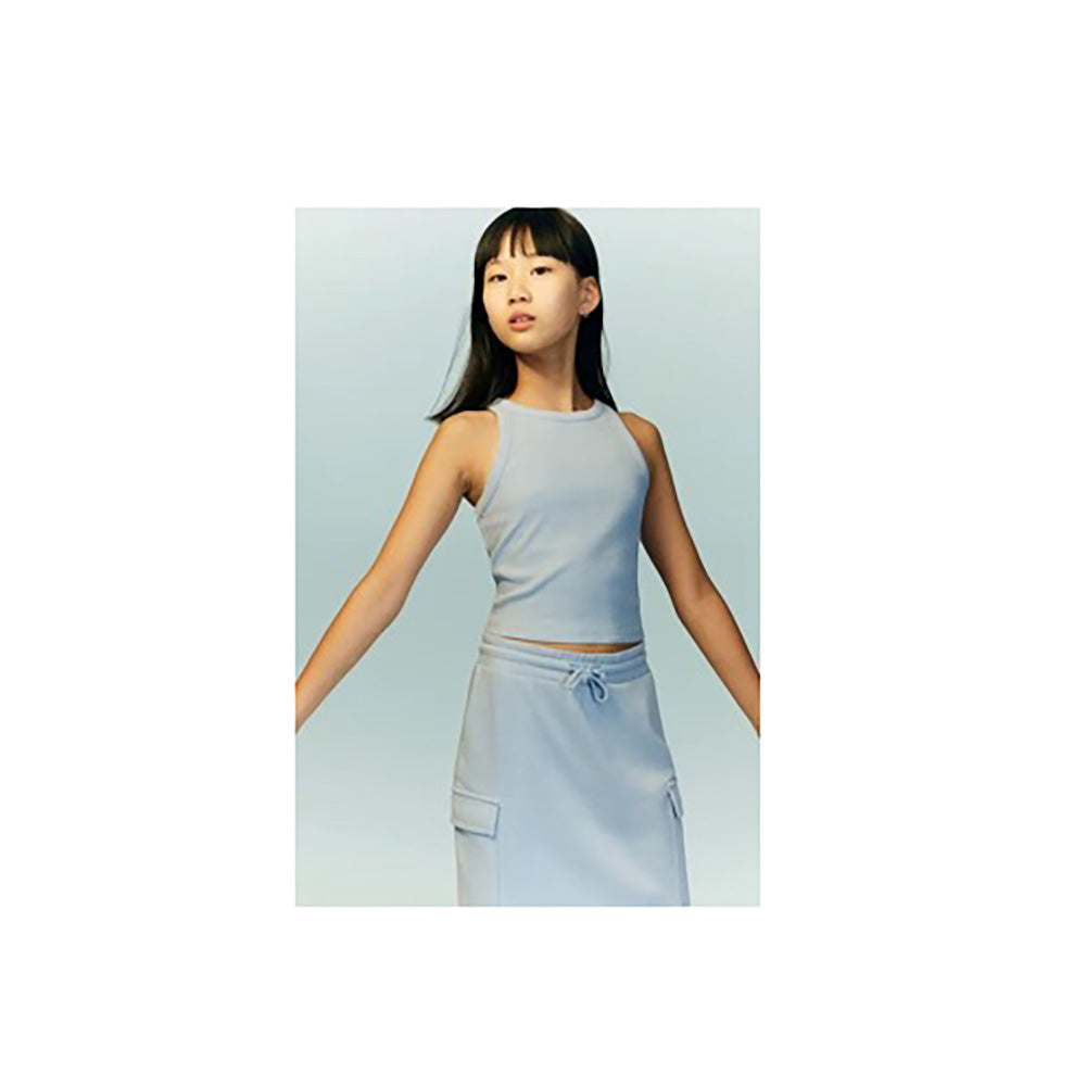 Girl Wearing Light Blue Sleeveless Skirt & Top Set