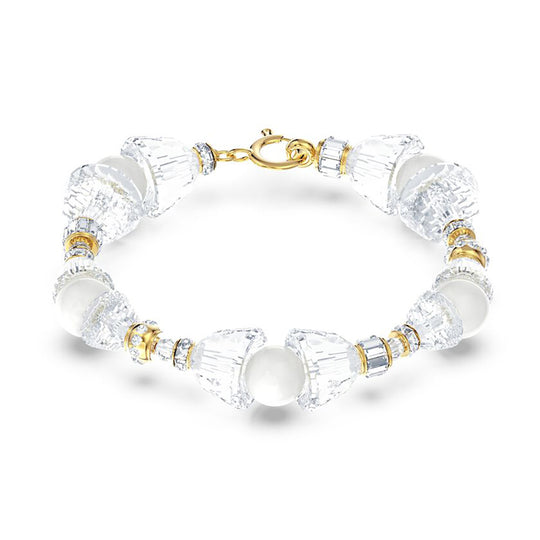 White Pearl and Crystal Beaded Bracelet in Gold-toned Chain